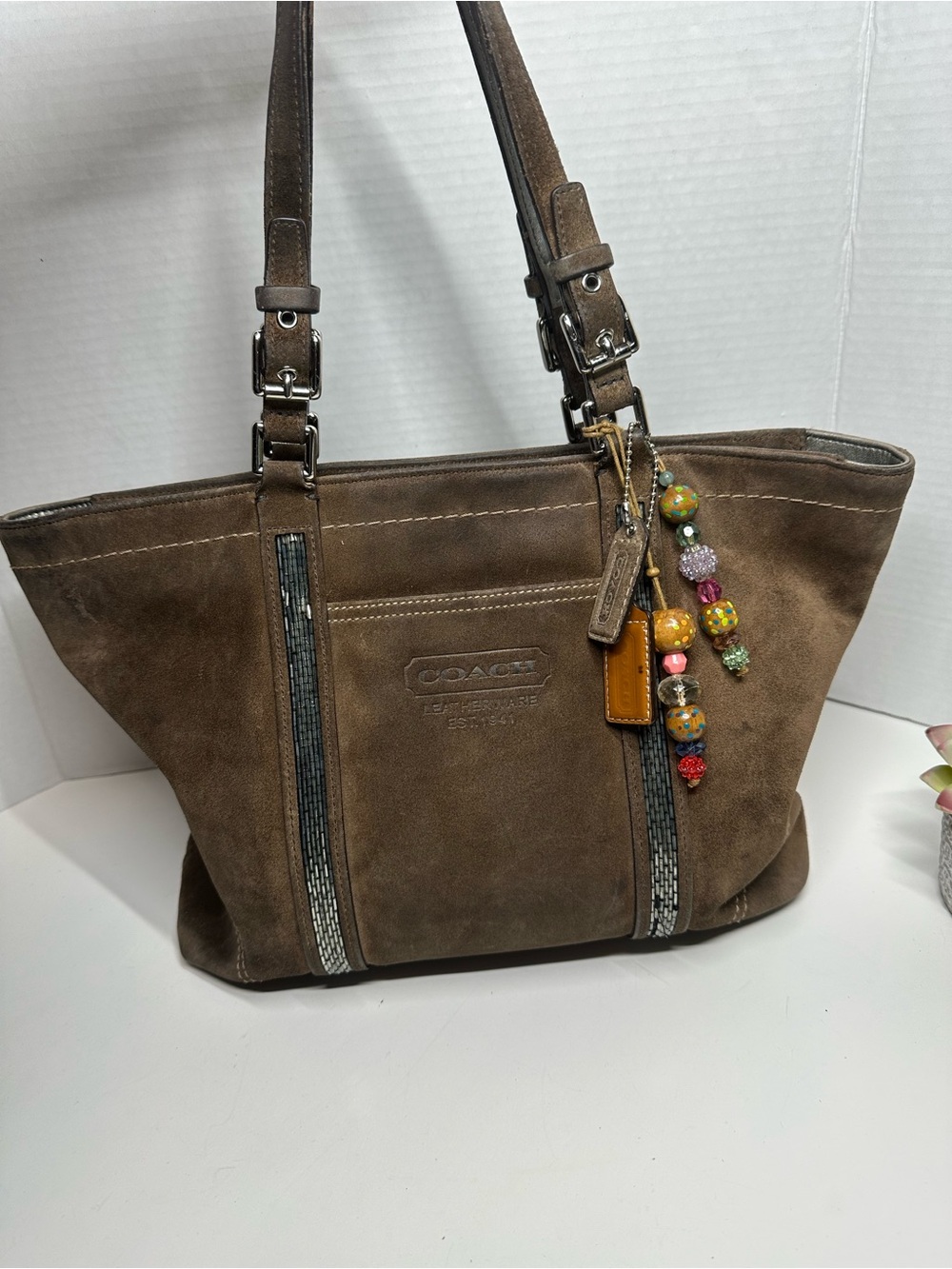 Coach Brown Suede Shoulder Tote with Beaded Charm